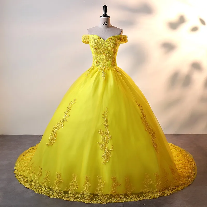Ashley Gloria Yellow Party Dress Sweet Quinceanera Dresses Elegant Off Shoulder Ball Gown Classic Lace Vestidos Customize B01