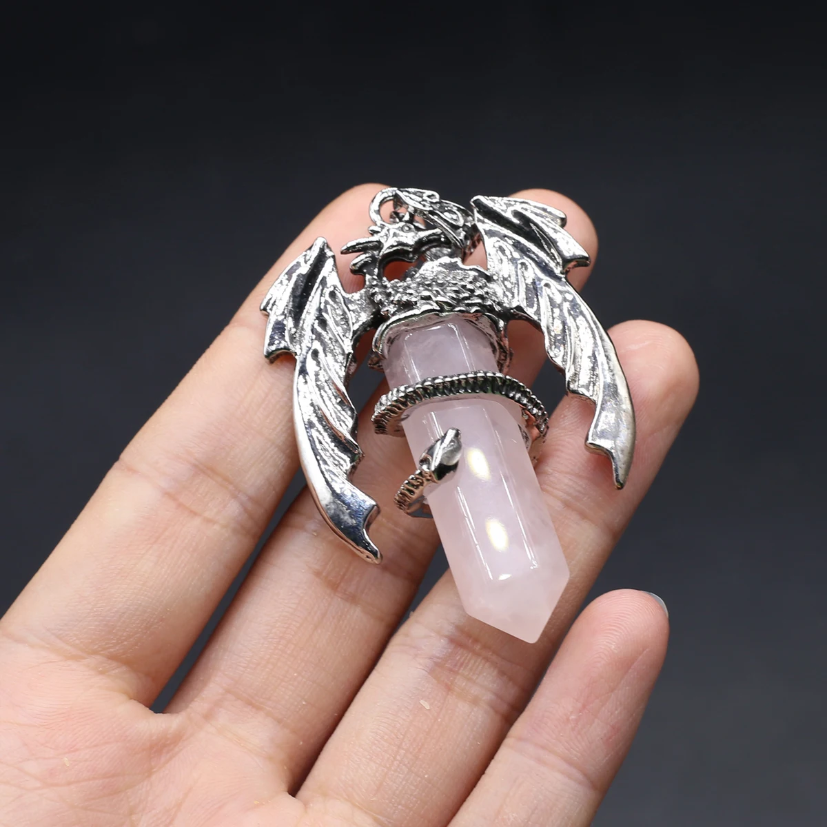 6PCS Natural Semiprecious Stone Flying Dragon Hexagonal Pillar Spiritual Healing Crystal Pendant Jewelry Accessories Punk Style