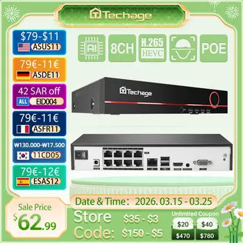 Techage 8CH H.265 4K/8MP/5MP POE NVR CCTV Security Surveillance System for POE IP Camera Network Camera VCR Support Max 14TB