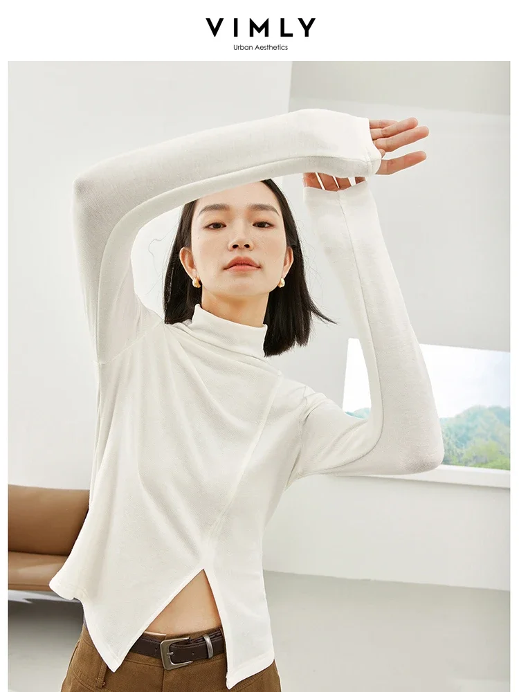 

Vimly Turtleneck T-shirt Black Women's Long Sleeve Top 2023 Autumn Winter Solid Slim Split Pullover Tshirts Woman Clothing M3609