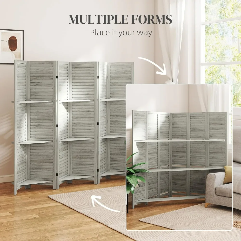 6 Panel Room Divider by HOMCOM - 67 Tall Wooden Privacy Screen with 3 Shelves for Bedroom or Home Office