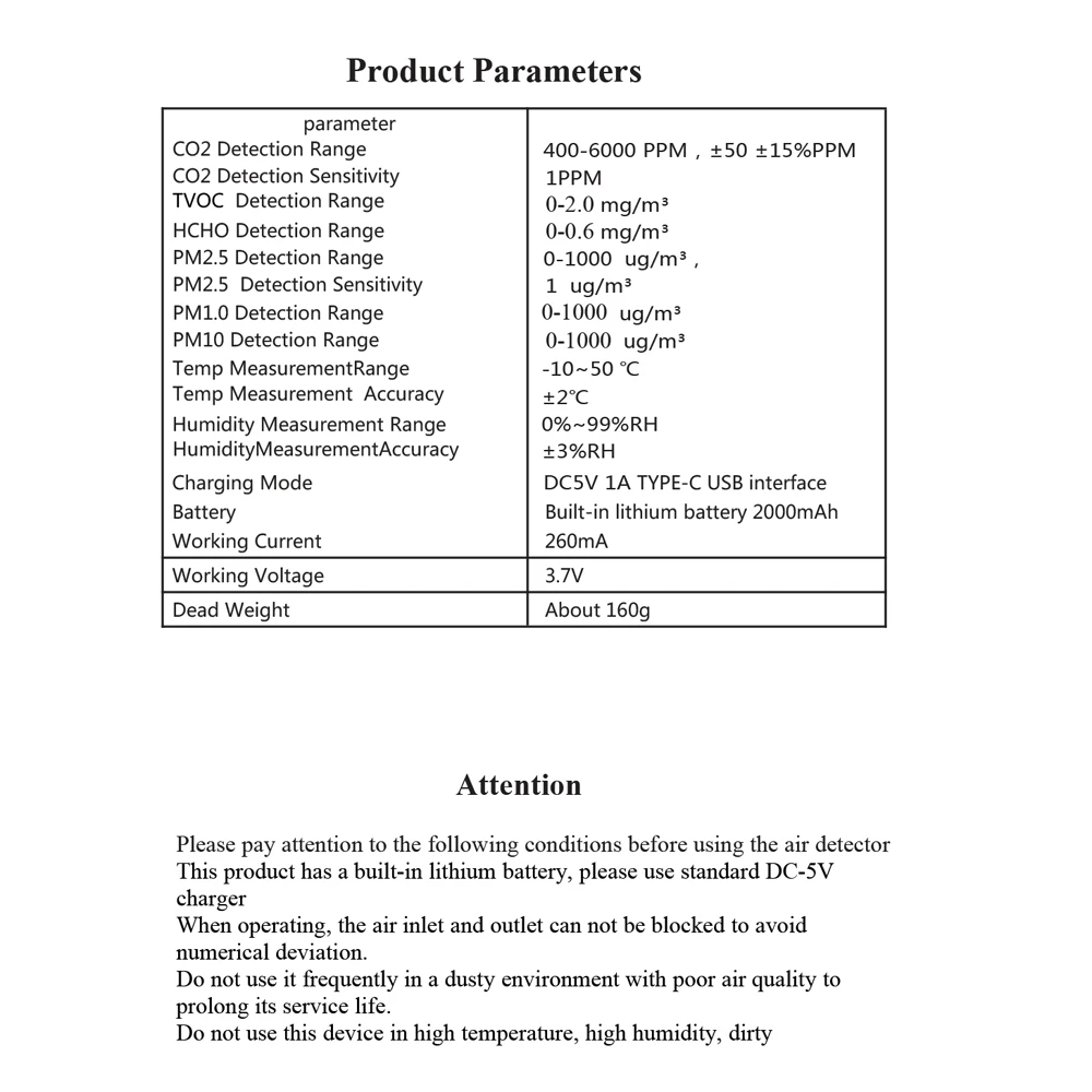 A close-up of indoor environment monitoring product parameters for the Smart Air Quality Tester.