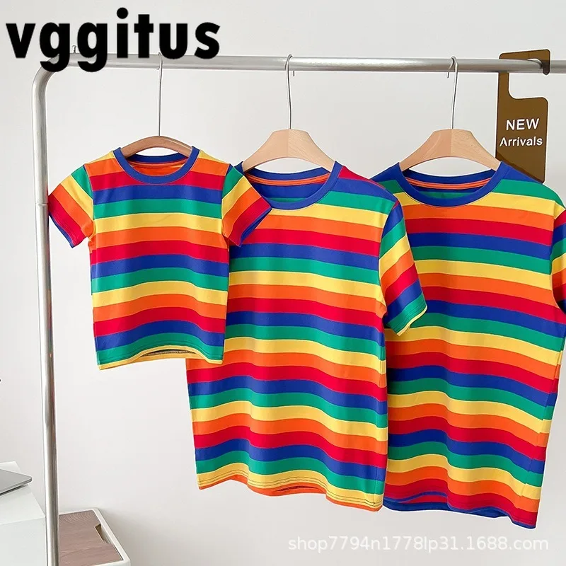 

New Summer Parent-child T-shirt Round Collar Pullover Rainbow Tee Family of Four Mother Dad Son Daughter Lovers Top H2030