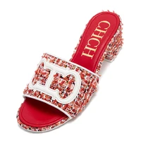 CH middle heel square heel slippers fabric fashion casual shoes luxury brand slippers girls street commuter slippers - Image 5
