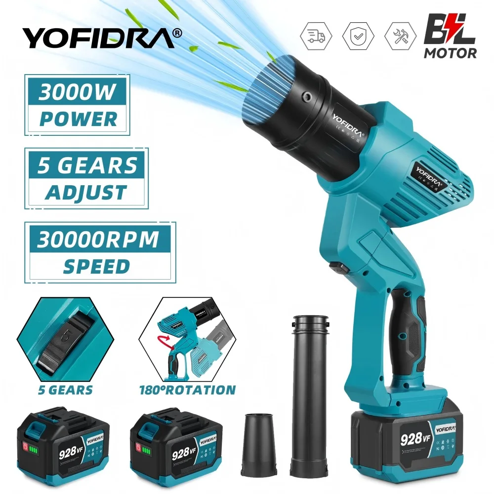 YOFIDRA Electric Turbo Blower Fan 30000RPM 2 in 1, handheld air and leaf dust blowing tool compatible with Makita 18V battery pins