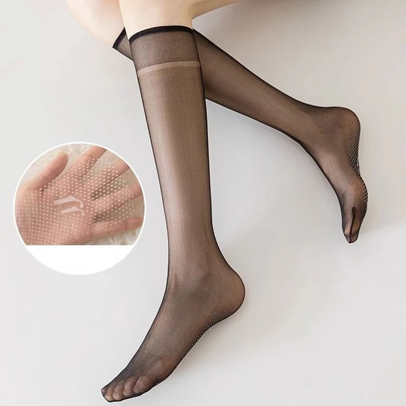 Rutschfeste, lange, dünne, transparente, mit Kristallen gepunktete Seiden-Wadensocken aus Silikon für Damen – Detail 10
