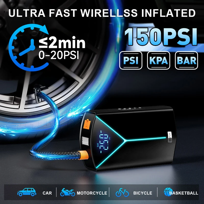 Pompa di aria portatile per avviamento di emergenza per auto 150PSI Compressore d'aria Pompa per pneumatici 8500A Batteria per auto Booster Dispositivo di avviamento automatico 12V Jump Pack - immagine 4