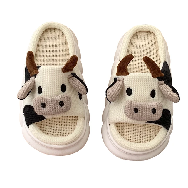 Pantoufles plateforme en lin pour femmes chaussons motif Animal mignon Kawaii dessin anim vache lait maison