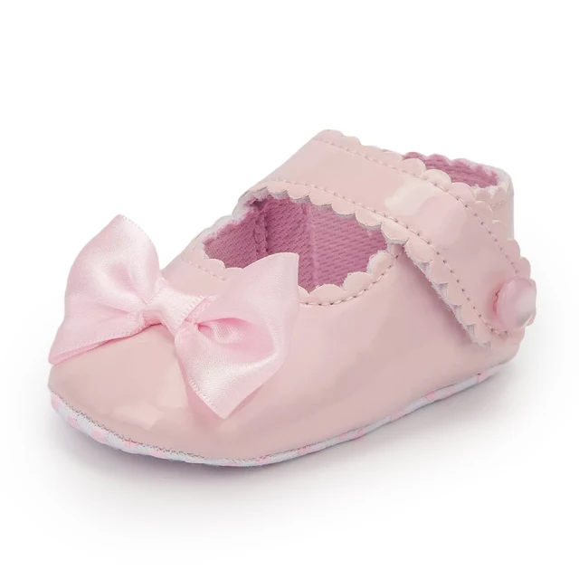 Newborn Baby Shoes Baby Boy Girl Shoes Girl Classic Bowknot Rubber Sole Anti-slip PU Dress Shoes First Walker Toddler Crib Shoes Light pink4