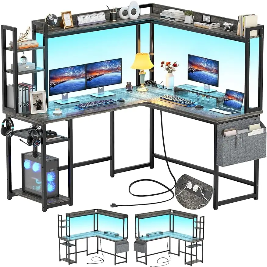 

L Shaped Desk With Power Outlet, L Shaped Gaming Desk With Led Light & Hutch, Reversible Home Office Desk, Corner Compu