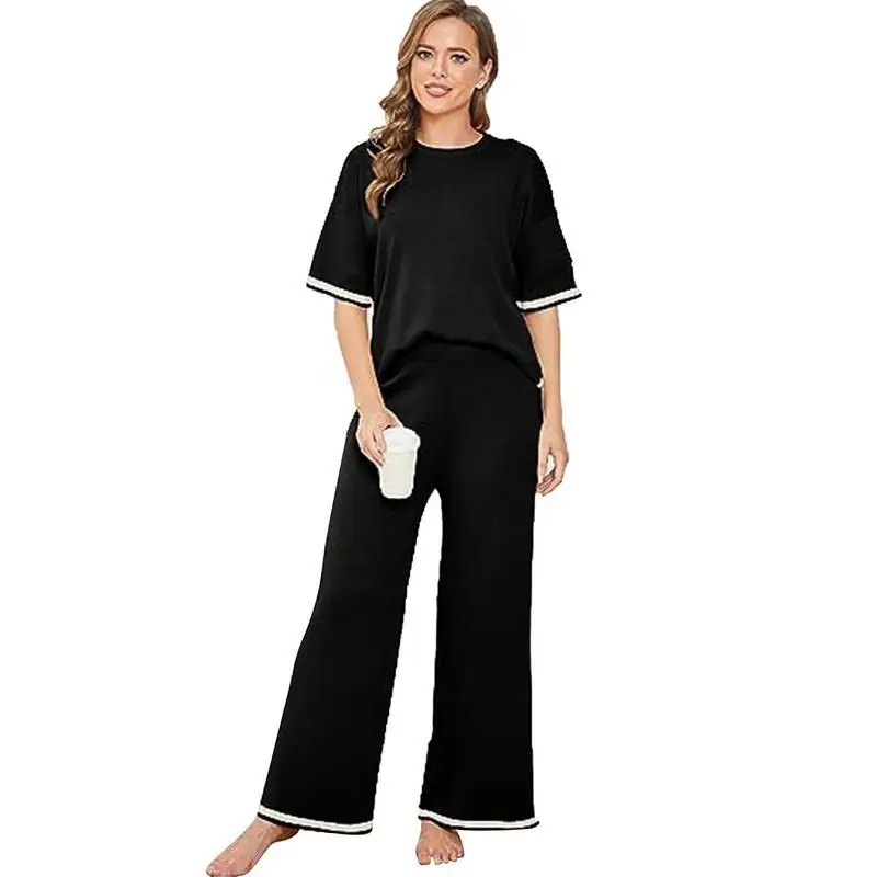 

Knit Lounge Set Round Neck Two Piece Outfits Oversized Pullover Loose Knit Set Elastic Short Sleeve Set With Wide Leg Pant
