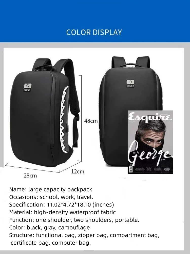 Backpack Waterproof Men's Backpack with Password Lock Computer Bag with USB Charging Leisure Travel Business Backpack