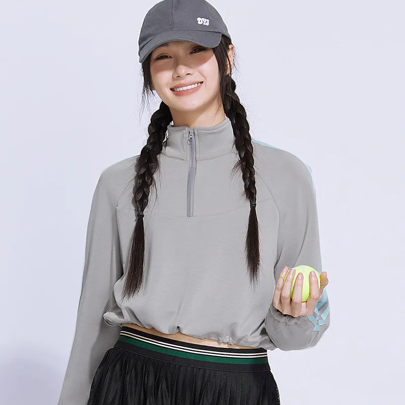 

Женский спортивный короткий свитер с длинным рукавом, уличный, для тенниса, бега, американский шнурок, на молнии, мягкая кожа, для отдыха на воздухе, осень