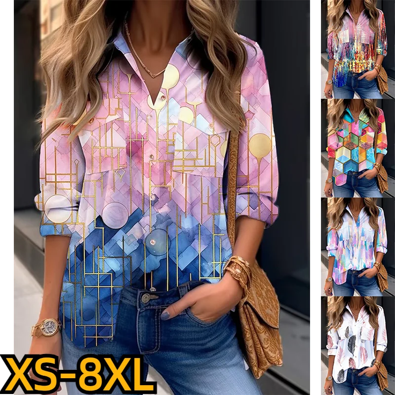 

Autumn New Design Printing Top Vintage Shirt Sexy V-neck Blouse Women Elegant Button Long Sleeve LadiesFashion Clothes XS-8XL