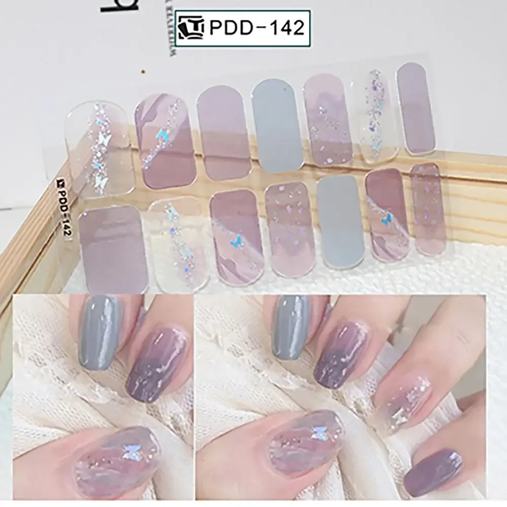 INS Trendy 14Strips Gel Nail Stickers Floristic Full Cover Nail Patch Semi Cured Nail Art Stickers DIY Nail Art Making
