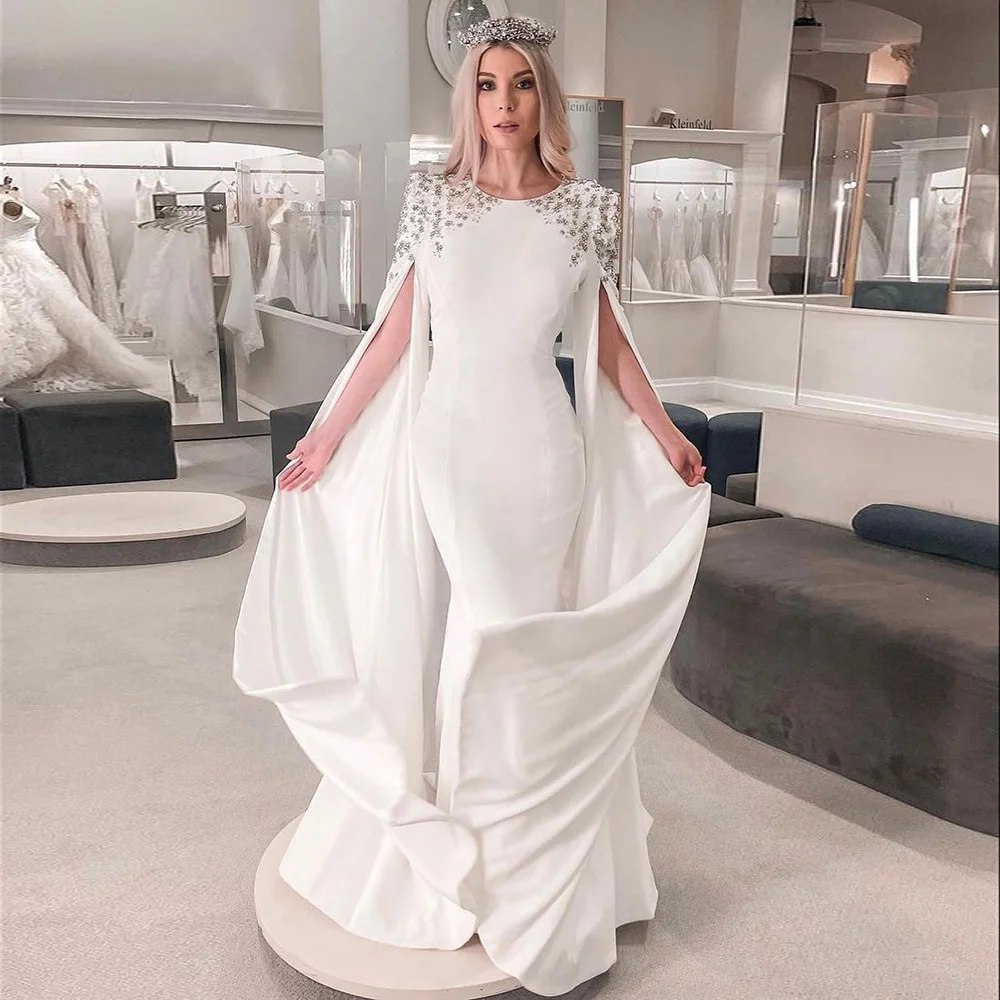 

Elegant White Mermaid Dubai Evening Dress for Women Cape Sleeves Beading Muslim Long Prom Formal Gowns Robe De Soiree