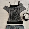 Y2k Slim Fit Print Tops Women Off Shoulder Short Sleeve Tee Shirt Neploe American Vintage Fake Two Piece Halter Lace Up T-shirts 1
