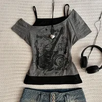 Y2k Slim Fit Print Tops Women Off Shoulder Short Sleeve Tee Shirt Neploe American Vintage Fake Two Piece Halter Lace Up T-shirts 1