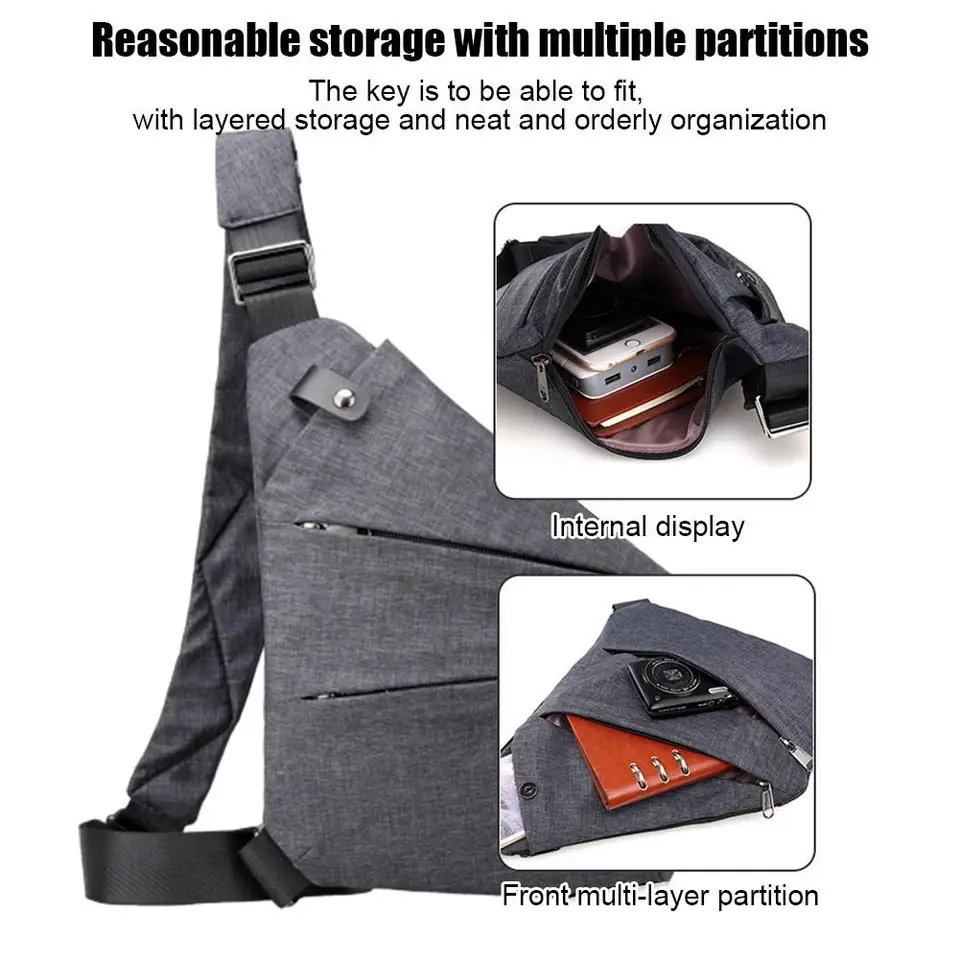 Borsa A Tracolla Antifurto Leggera In Tessuto Tecnico - Tasca Pettorale Uomo/Donna, Grigia, Per Viaggi E Sport
