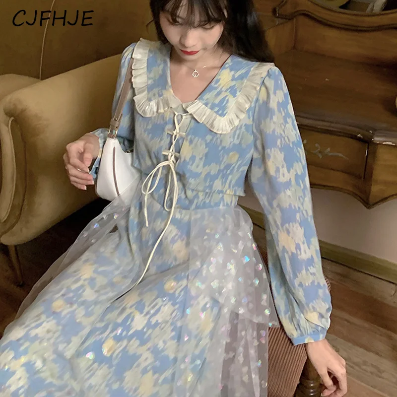 

CJFHJE Lace-up Mesh Long Dress Women Vintage Elegant Bandage Party Dress French Fairy Casual Gothic Y2K Kawaii Bodycon Dresses