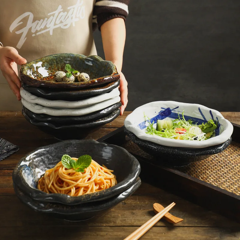 

1pcs Japanese and Korean Ceramic Bowls Irregular Fruit Salad Bowl Household Large Shaped Lamian Noodles Cooking Sashimi Plate
