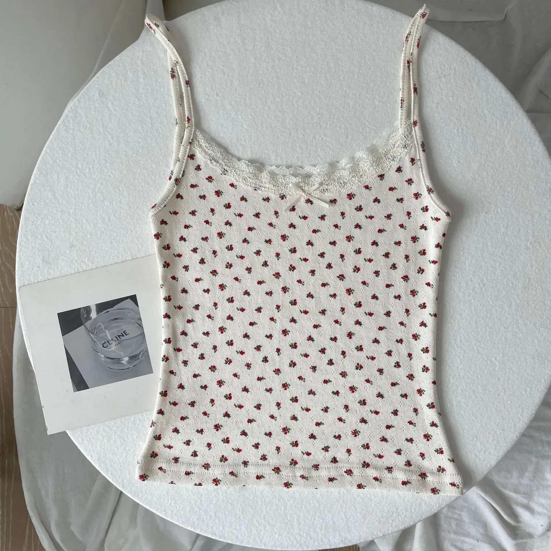 Floral Eyelet Lace-Trim Bow Tank Top - Women's Slim Cotton Camisole