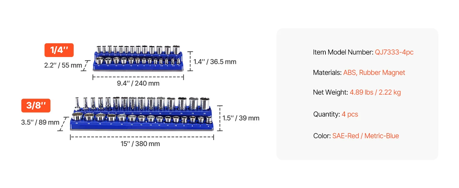SucceBuy 4PCS Magnetic Socket Organizer Set 3/8'' Metric SAE Socket Trays with Clear Labels for Factory Tools Repair Garage