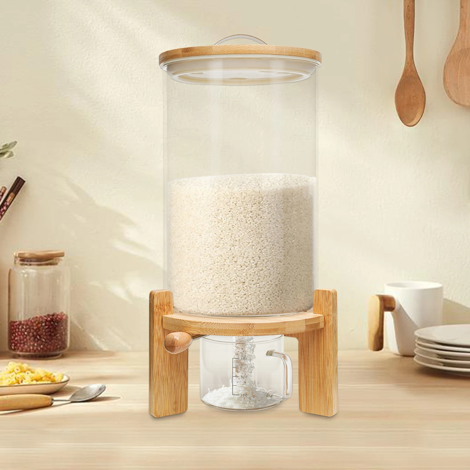 

7.5L Creative Flour Cereal Airtight Container Rice Dispenser Glass Food Storage Container w/Wooden Stand for Kitchen