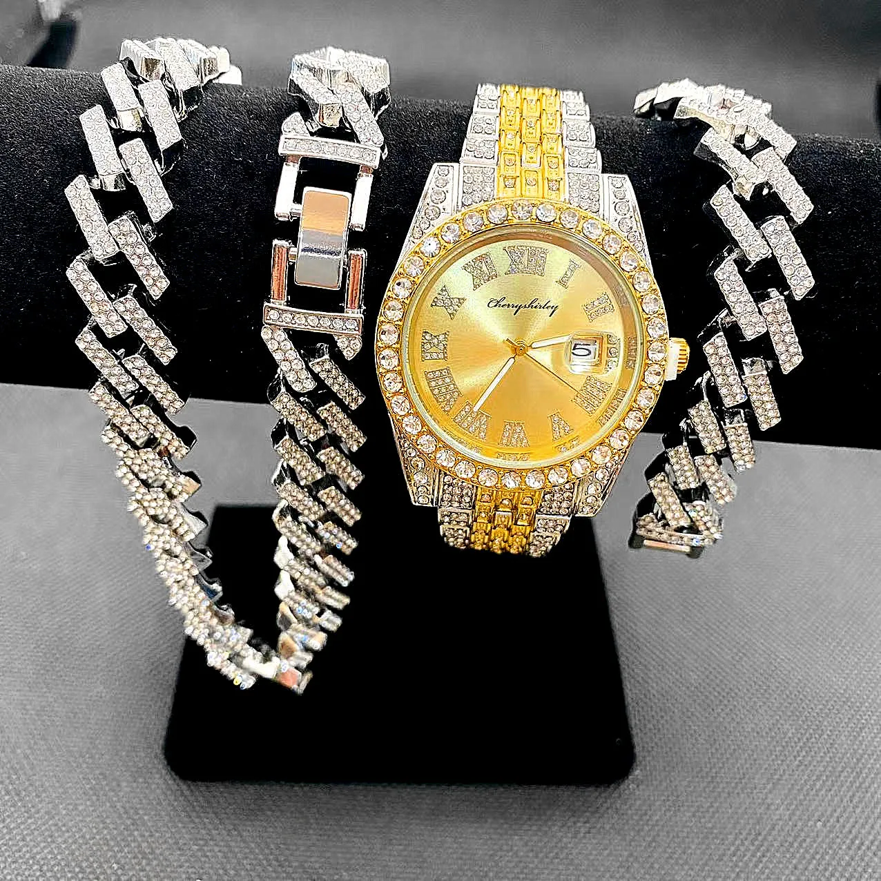 

3pcs Luxury Iced Out Watch for Men Women Hip Hop Miami Bling Cuban Chain Big Gold Chain Necklace Watches Men Jewelry Set Relojes