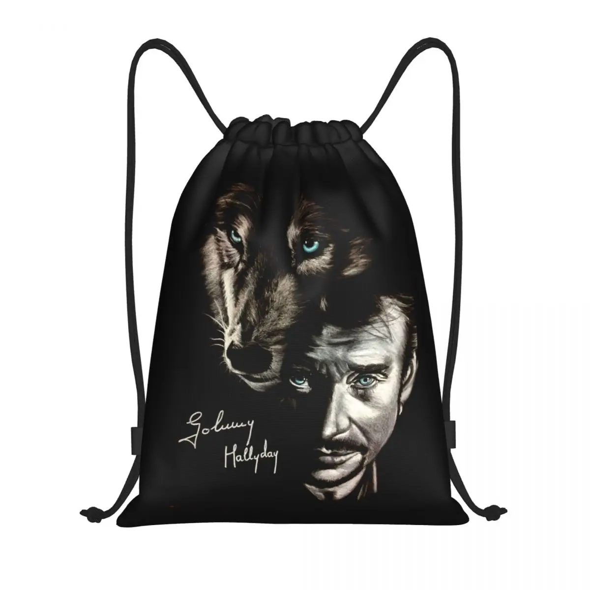 

Custom Johnny Hallyday And Wolf Drawstring Bag for Training Yoga Backpacks Men Women France Singer Rock Star Sports Gym Sackpack