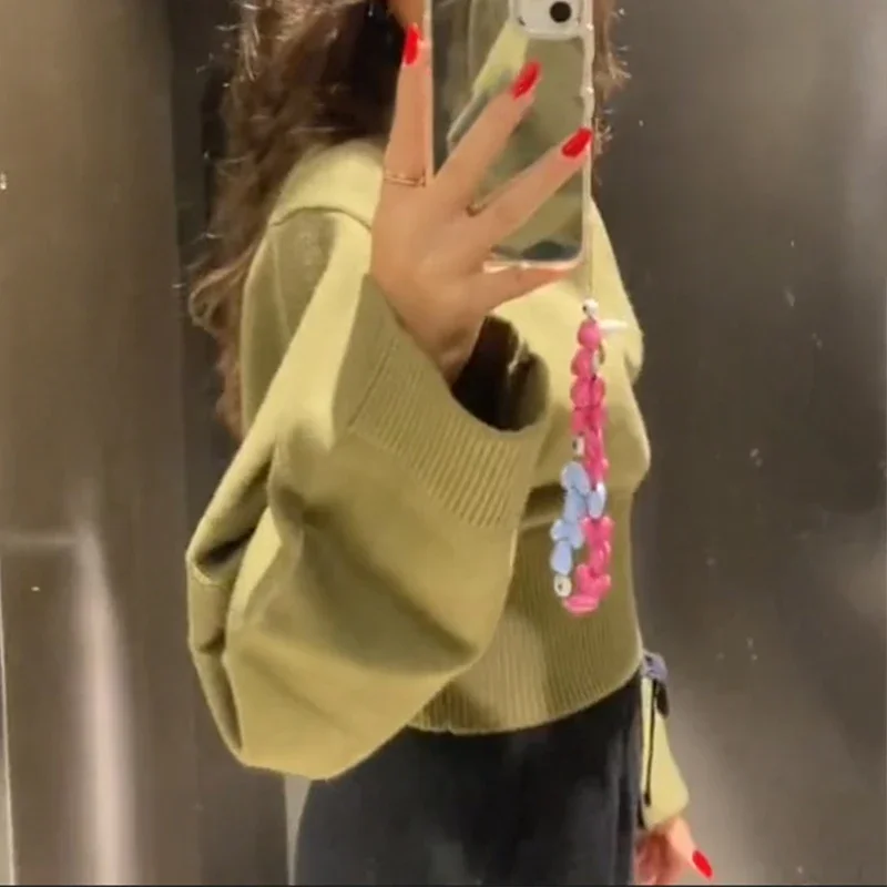 Vintage Solid O-Neck Cropped Sweater Pullover For Women Casual Long Sleeved Loose Jumper Female 2025 Spring Lady High Streetwear