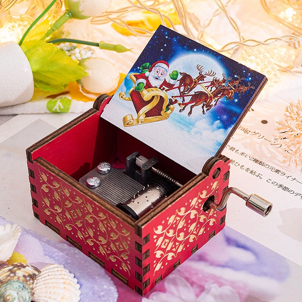 Music Box Red Merry Christmas Theme Carving Wooden Hand Crank Santa Claus New Year Christmas Gift Children Friend