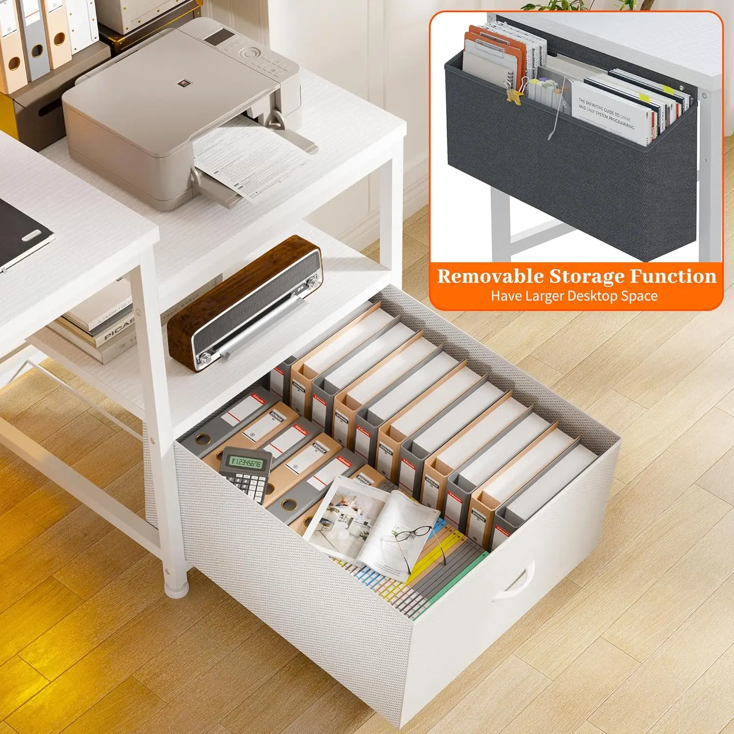 56.5" Computer Desk with File Drawers Cabinet,Study Writing Gaming Desk with Power Outlets,Home Office Desk White 4