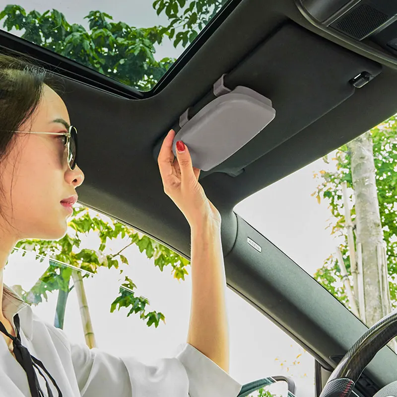 

Universal Abs Car Glasses Case Holder Organizer Sunglasses Storage Box Magnetic Auto Sunshade Visor Clip Card Ticket Light Gray