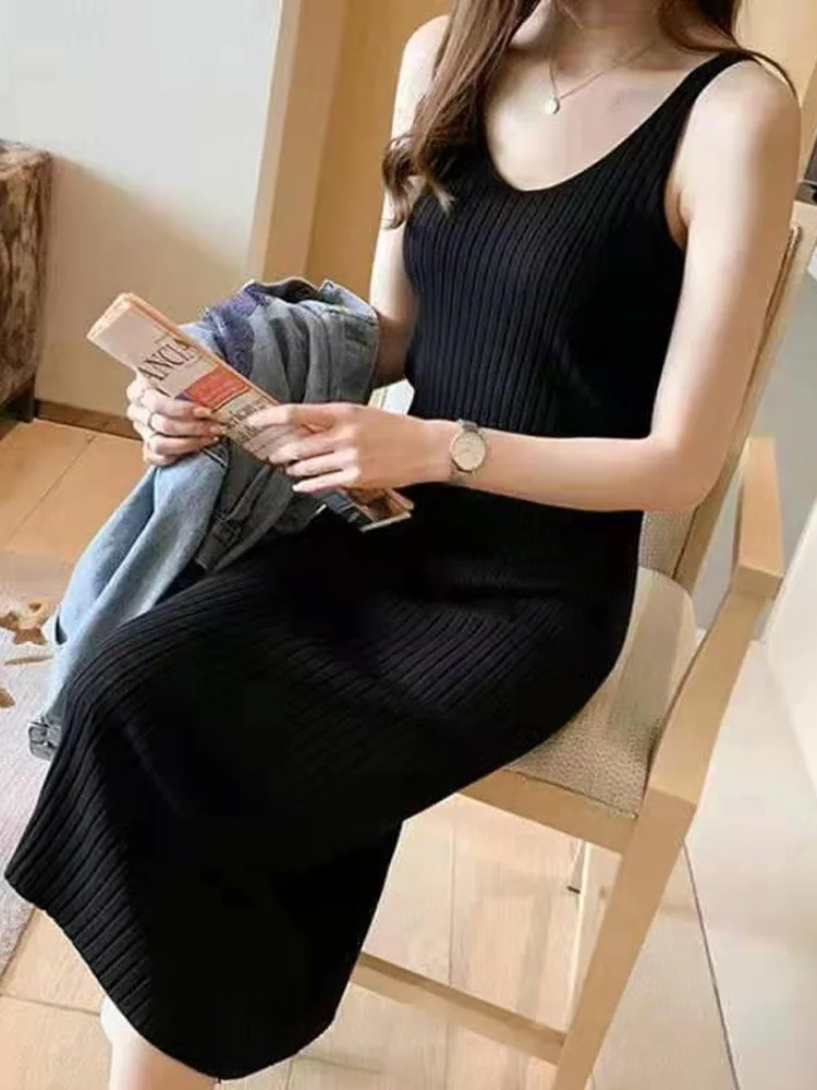 New Fashion Sleeveless Lady Elegant Office Knit Clothes Sexy Slip Dress for Women Autumn Spring Knitted Bottoming Long Dresses