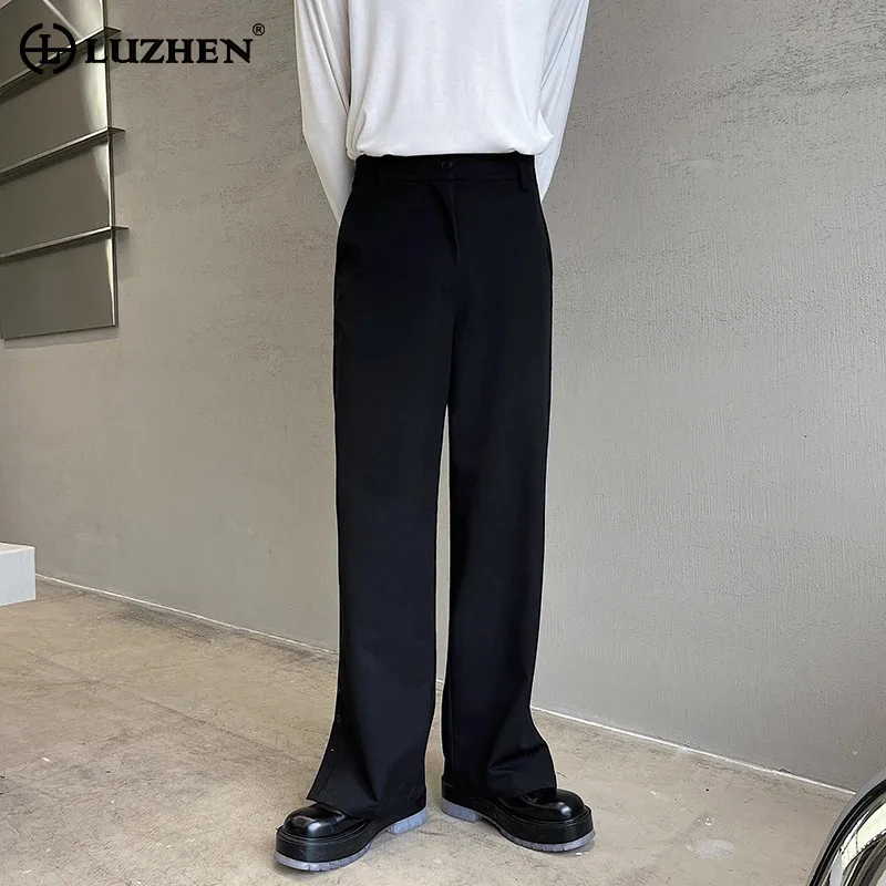 

LUZHEN Buttoned Split Leg Design Trendy Straight Suit Pants 2024 Korean New Men's Stylish Elegant Loose Original Trousers LZ2027