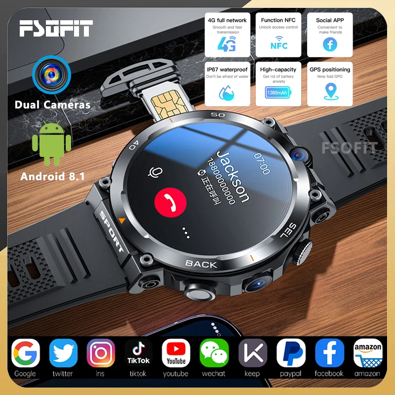 4G Network Dual Camera Smart Watch 1.39 Pollici Gps Wifi Sim Nfc Rugged 64G-Rom Google Play Ip67 Android Uomo Donna Smartwatch