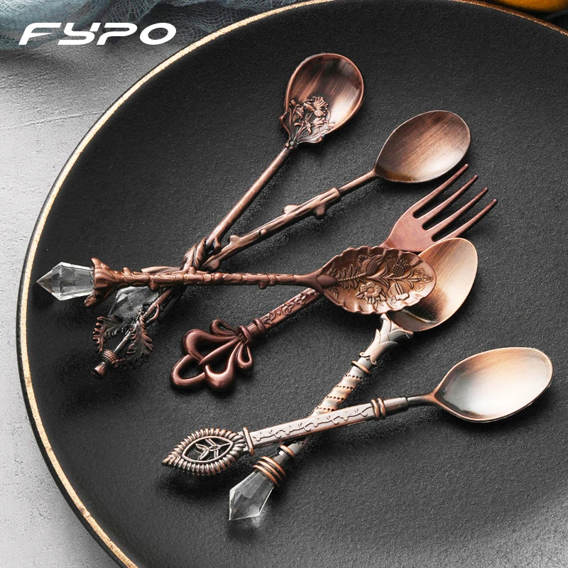 Lot De 6 Cuillères Et Fourchettes Vintage En Alliage Zinc - 5 Cuillères + 1 Fourchette, 11,8 Cm - Design 3D, Finition Miroir - Pour Dessert, Café, Décoration