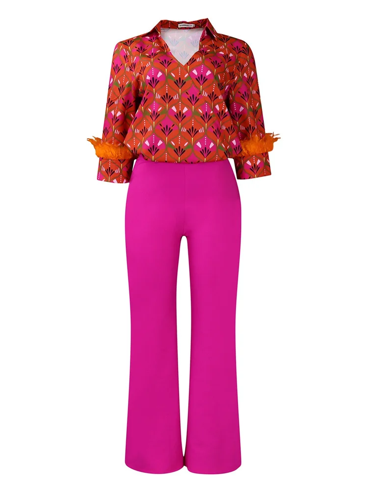Wmstar Pant Sets Women Floral Print Feathers Long Sleeve 2 Piece Sets Woman Outfit New in Spring Clothes Wholesale Dropshpping