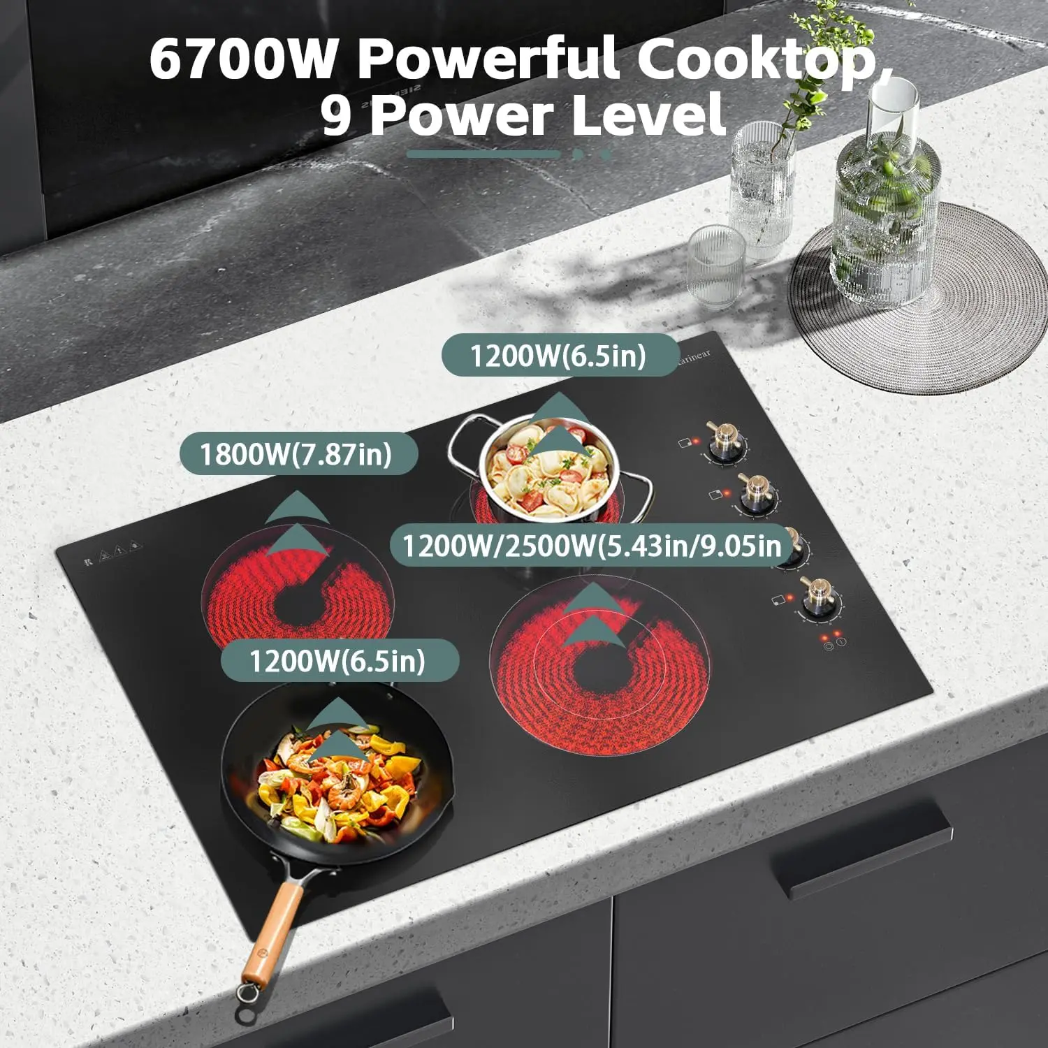 Karinear Electric Ceramic Cooktop 30 Inch, 4 Burners, Knob Control Built-in, 6700W, 220~240V Hard Wire(Gold Knob)
