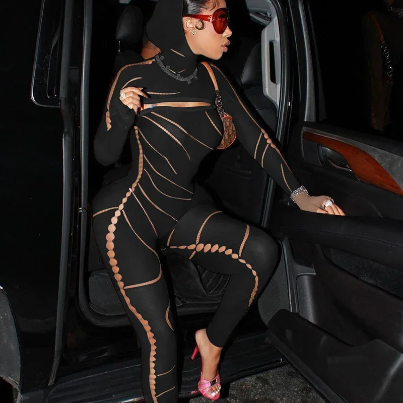 Cut Out Hooded One Piece Jumpsuits For Women 2023 Elegant Sexy See Through Skinny Knitted Ins Romper Pants Overalls