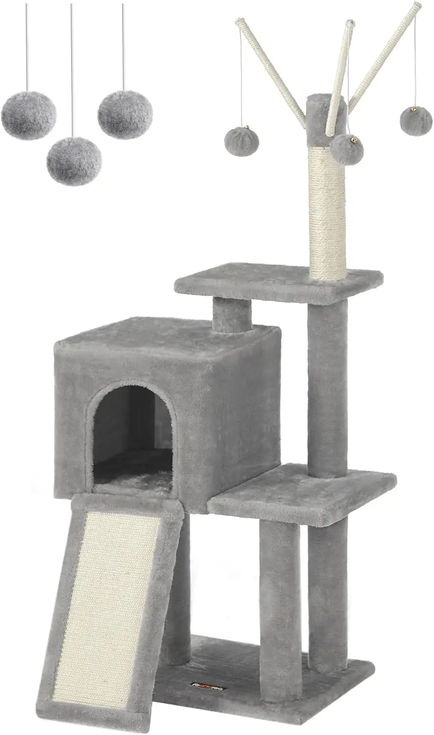 Árbol para Gatos, Torre de Juegos, Gatitos, con 3 Postes y Cueva, Gris Claro MPCT143W01