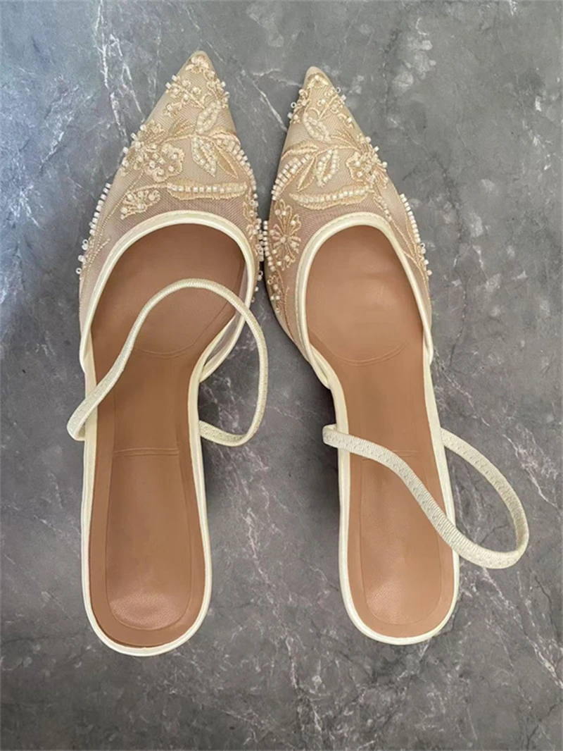 Women's Mesh Floral Embroidered Slingback High Heels Female Open Heel Pearl Studded Pointed Toe Sandals Sexy Stiletto Lady Mules 5