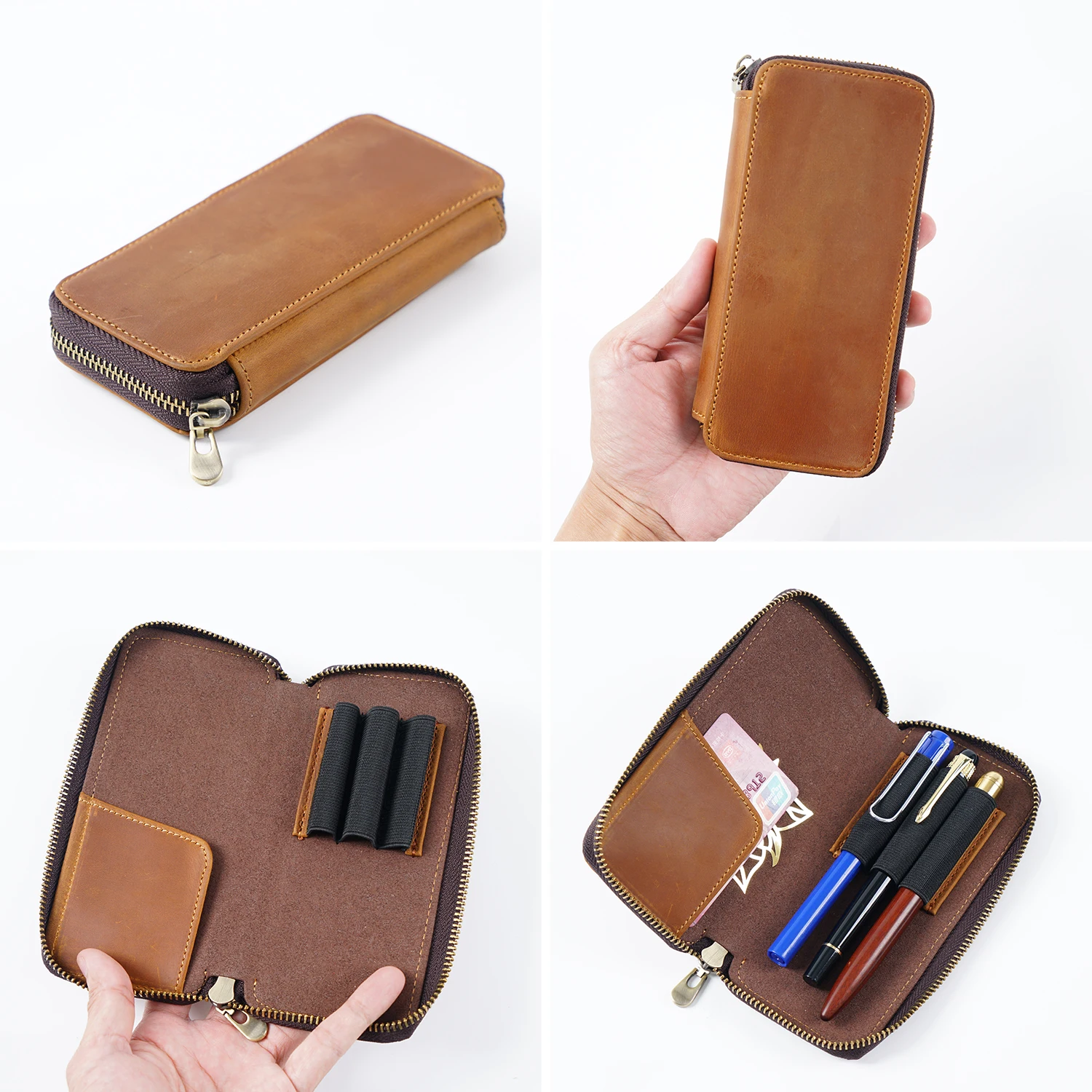 Large-capacity Pen Book All-in-one Zipper Pen Bag Retro Pen Pouch Crazy  Horse Leather Pencil Bag for School Students Stationery