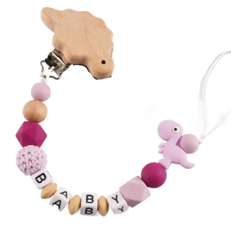 Custom Letter Name Dinosuar Pacifier Clips Chain Teether Pendants for Baby Infant Chew Leash Nipple Holder Teether Gifts