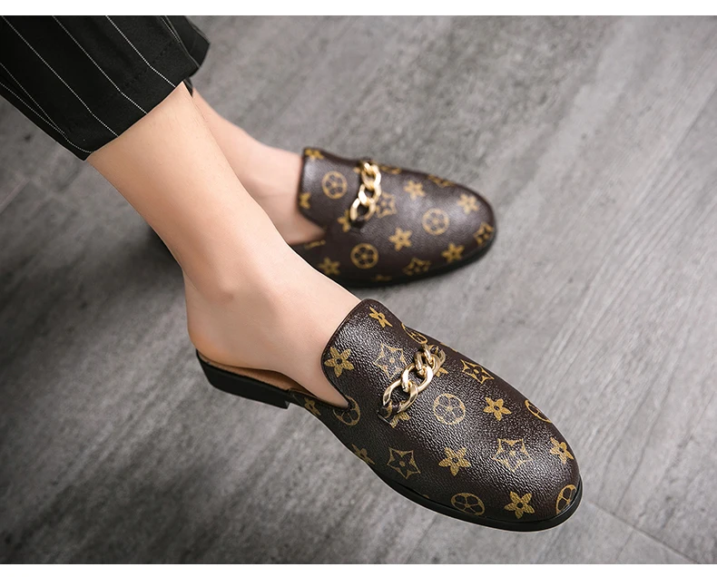Cow Genuine Leather Summer Slip-On Shoes Large Size  Embroidered Flat Mules with Slingback And Metal Chain Detail