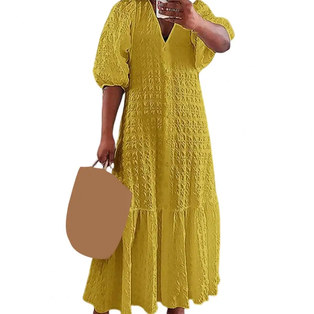 

Summer Women Dress V Neck Half Sleeves Loose A-line Patchwork Ruffle Ankle Length Single-breasted Dress