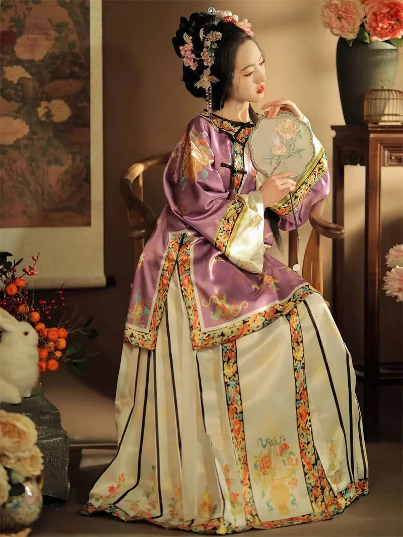 Original Qing Dynasty Women's Hanfu Classic Slanted Collar Round Neck Printing Han Girl Costume Palace Style Horse Face SkirtSet