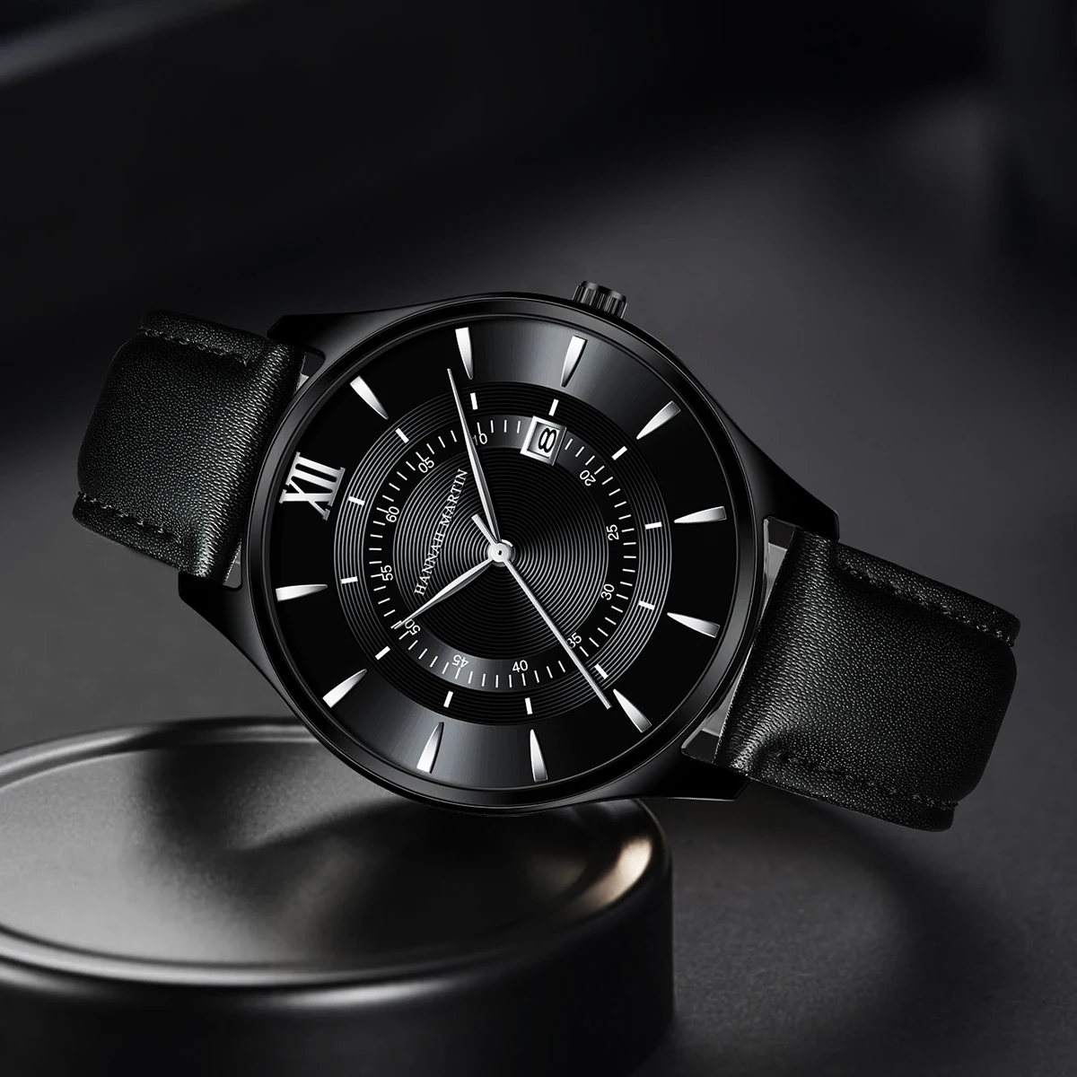 Hannah Martin Dropshipping Black Leather Watches Top Casual Fashion 42mm Business Style Gift Mens Quartz Wristatch Reloj Hombre 3