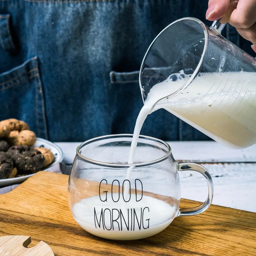 Description Picture 5 of item1Pc Round Transparent Glass Clear Mug Cup Milk Coffee Glass Letter Printing Drinkware With Handle For Tea Juice Breakfast